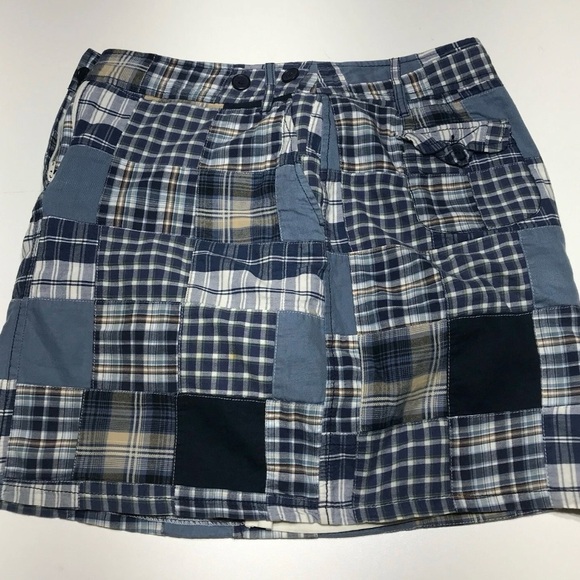 LOFT Patchwork Skirt Women Sz 12 Blue Madras Lined Zipper Button Pockets Preppy - Picture 8 of 10